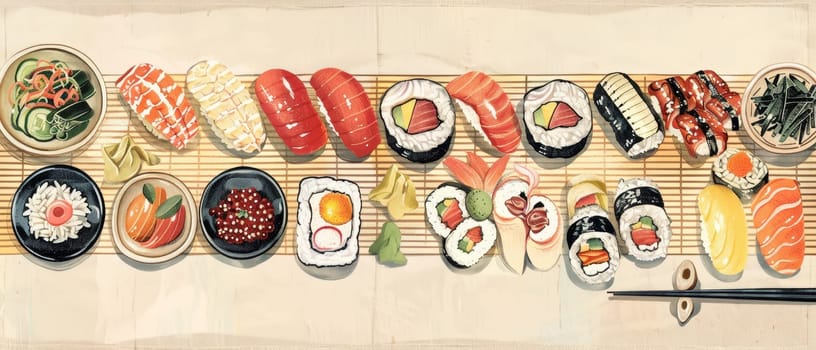 Assorted sushi platter with a variety of rolls, nigiri, and sashimi, displayed on a bamboo mat