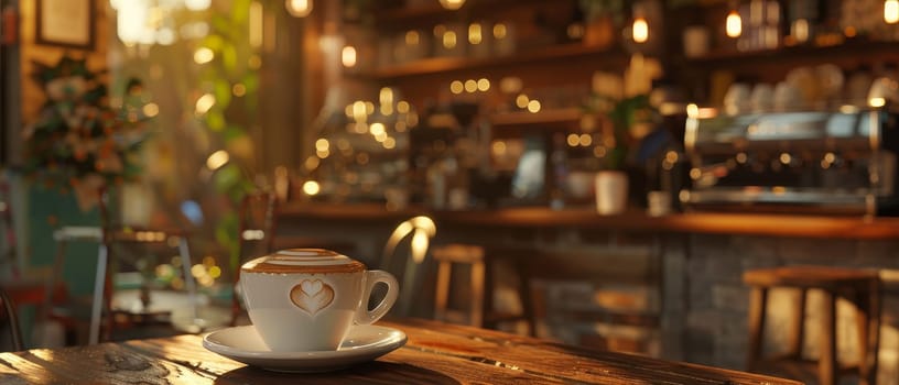 A steaming cup of coffee with latte art on a wooden table, illuminated by sunlight filtering through a window