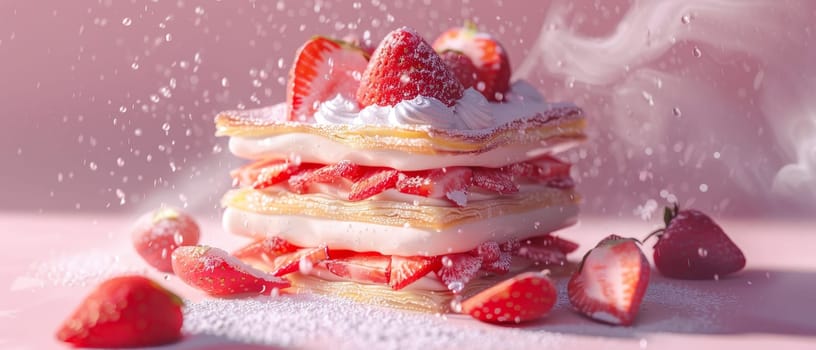 A delicious strawberry pastry, dusted with powdered sugar, amidst a magical, sparkling pink background