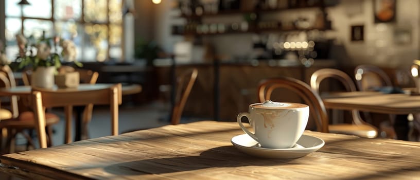 Close-up of a steaming cup of cappuccino with latte art on a wooden table in a cafe