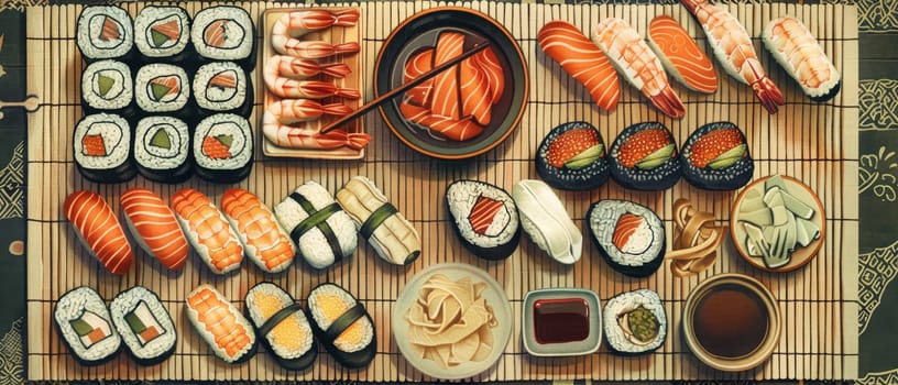 A colorful assortment of sushi rolls on a rectangular wooden cutting board with chopsticks and a dish of soy sauce