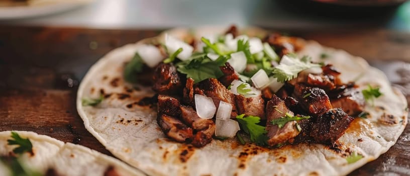 Delicious taco with grilled meat, chopped onions, and fresh cilantro on a rustic surface