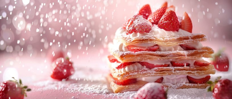 A delicious strawberry pastry, dusted with powdered sugar, amidst a magical, sparkling pink background
