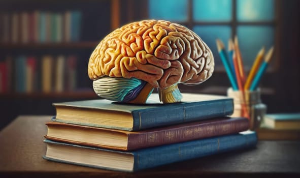 Human brain on the top of books. Literature reading for creative education and knowledge concept
