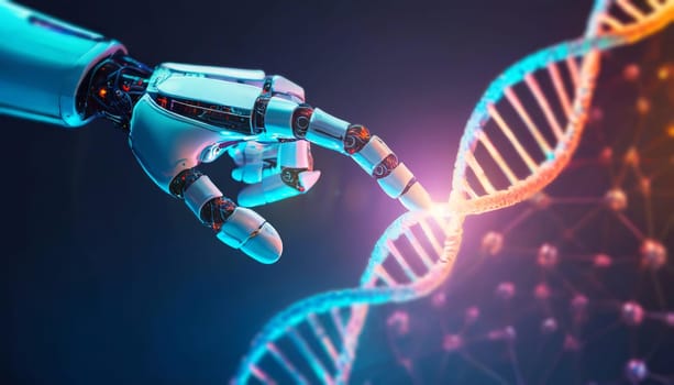 Closeup robot hand touching a DNA chain. Artificial intelligence technology concept, science innovation of human genome