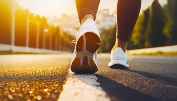 Runner feet on asphalt road before the race starts. Golden sunset light in the background