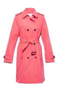 Woman coat isolated. A luxurious and stylish elegant female red  trenchcoat on mannequin isolated on a white background. Trench coat for spring and summer fashion.