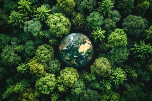 Forest, planet earth with trees, climate change, global warming, sustainable lifestyle, ecology and environment