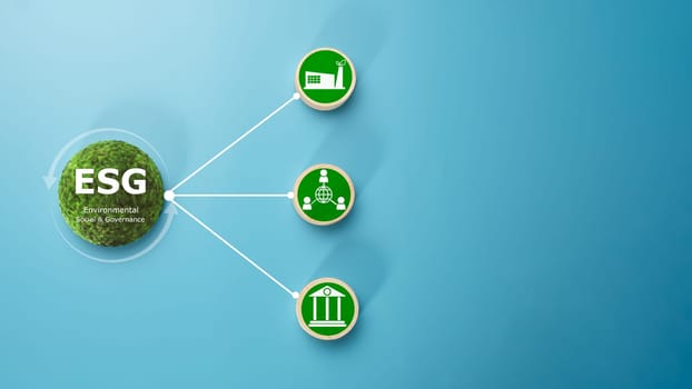 ESG concepts for sustainable environment, society and governance Businesses are environmentally responsible, A circular wooden board with the abbreviation ESG printed on a light blue background.
