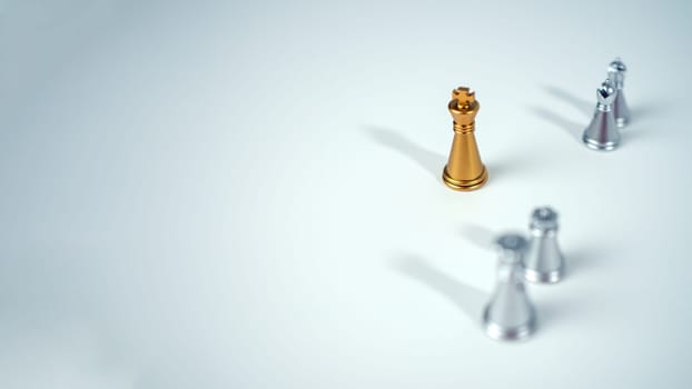 Golden king chess on the board in front of silver chess pieces on white background with copy space, Leadership, fighter, business leadership, competition, confrontation, and business strategy concept.