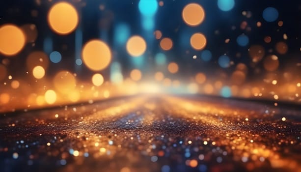 AI generated glitter vintage lights background.In gold, blue and black color. de-focused
