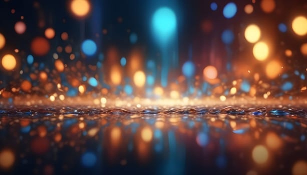 AI generated glitter vintage lights background.In gold, blue and black color. de-focused