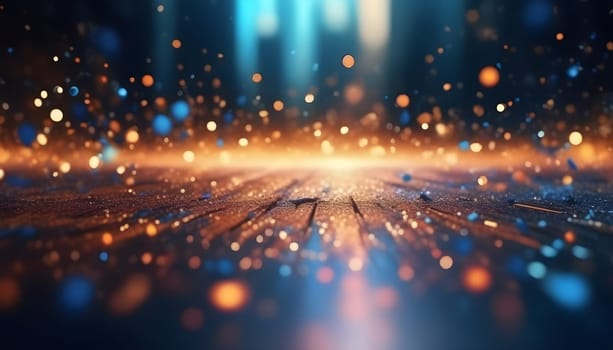 AI generated glitter vintage lights background.In gold, blue and black color. de-focused
