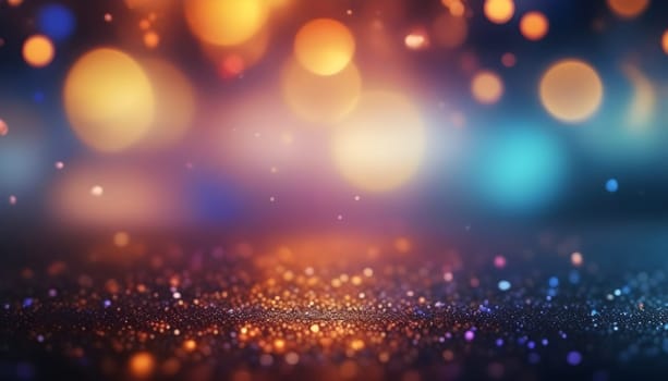 AI generated glitter vintage lights background.In gold, blue and black color. de-focused