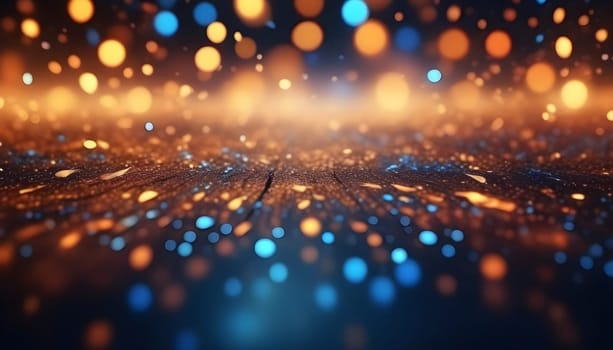AI generated glitter vintage lights background.In gold, blue and black color. de-focused