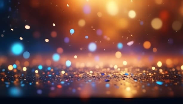 AI generated glitter vintage lights background.In gold, blue and black color. de-focused