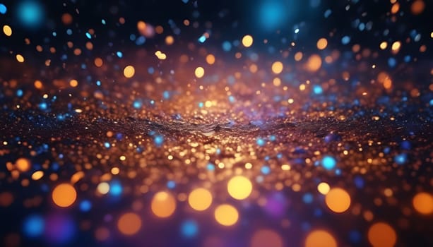 AI generated glitter vintage lights background.In gold, blue and black color. de-focused