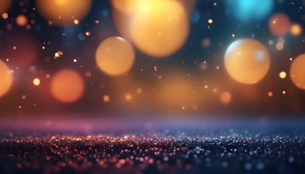 AI generated glitter vintage lights background.In gold, blue and black color. de-focused