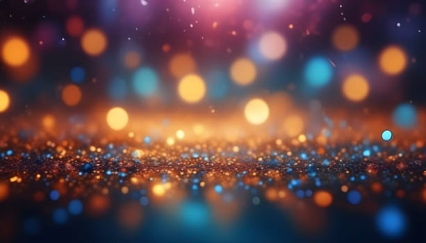 AI generated glitter vintage lights background.In gold, blue and black color. de-focused