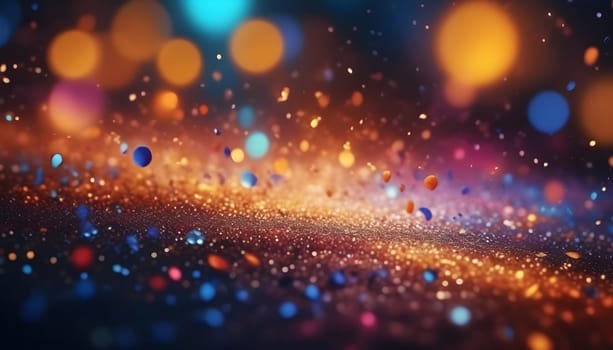 AI generated glitter vintage lights background.In gold, blue and black color. de-focused