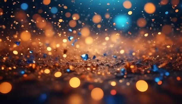 AI generated glitter vintage lights background.In gold, blue and black color. de-focused