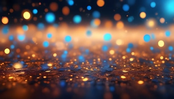 AI generated glitter vintage lights background.In gold, blue and black color. de-focused