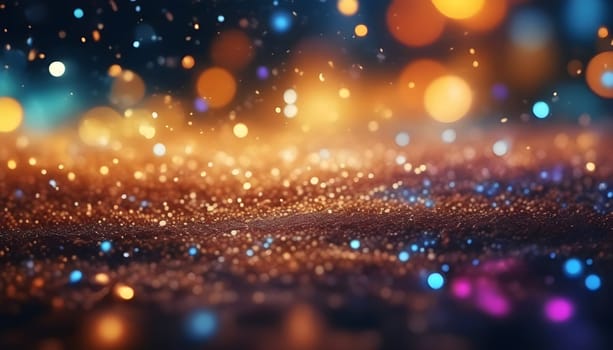 AI generated glitter vintage lights background.In gold, blue and black color. de-focused