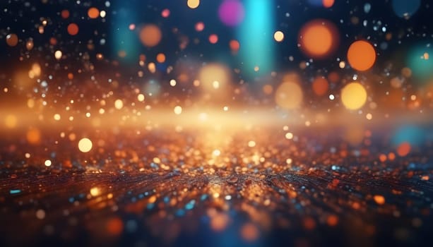 AI generated glitter vintage lights background.In gold, blue and black color. de-focused