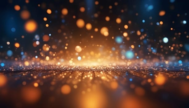 AI generated glitter vintage lights background.In gold, blue and black color. de-focused
