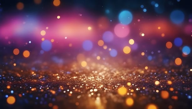 AI generated glitter vintage lights background.In gold, blue and black color. de-focused
