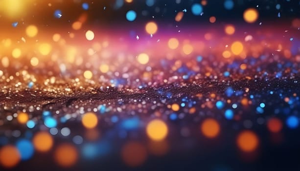 AI generated glitter vintage lights background.In gold, blue and black color. de-focused