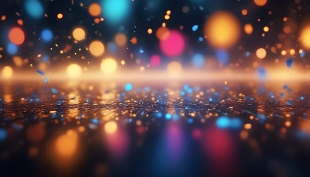 AI generated glitter vintage lights background.In gold, blue and black color. de-focused