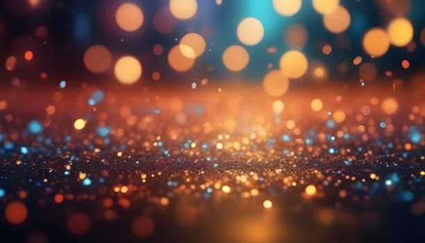 AI generated glitter vintage lights background.In gold, blue and black color. de-focused