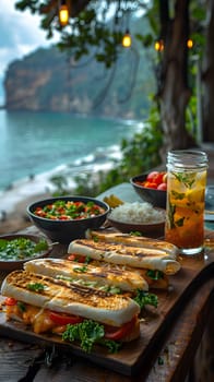 Illustration of delicious looking food beautifully arranged on a beach by the sea. Can be used to attract tourists, promote seaside restaurants, food products, catering services or travel packages