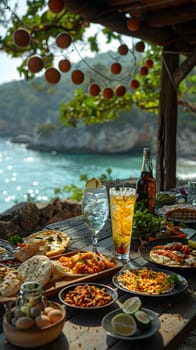 Illustration of delicious looking food beautifully arranged on a beach by the sea. Can be used to attract tourists, promote seaside restaurants, food products, catering services or travel packages
