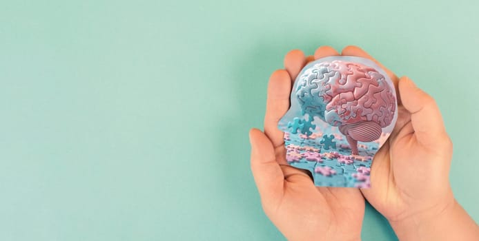Alzheimer awareness day, dementia diagnosis, Parkinson disease, ADHD, memory loss disorder, brain with puzzle pieces, damaged mind