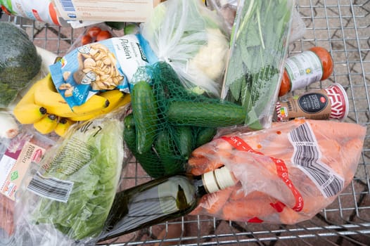 Food in shopping cart, buying fresh vegetable, fruit, grocery in supermarket in Germany, lifestyle, increase prices, high living costs