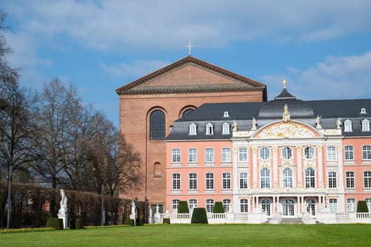 Electoral palace with garden in the roman city of Trier, connected to the constantin basilica, Moselle valley, Rhineland palatinate in Germany