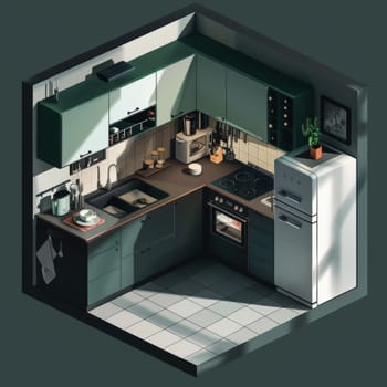 A 3D rendering of a modern kitchen with stainless steel appliances, including a refrigerator, stove, microwave, and sink. The kitchen also has white cabinets and countertops