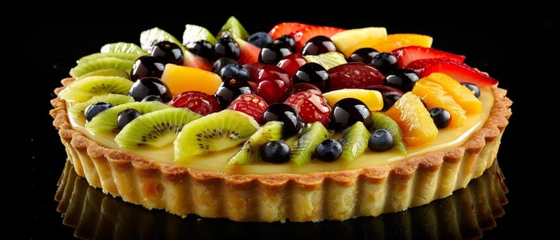 A colorful fruit tart with fresh berries, kiwi, and peach slices on a rustic wooden table