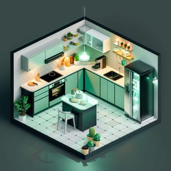 A 3D rendering of a modern kitchen with stainless steel appliances, including a refrigerator, stove, microwave, and sink. The kitchen also has white cabinets and countertops