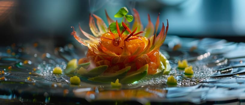A vibrant, artistic dish with colorful edible flowers and garnishes, showcased under soft lighting