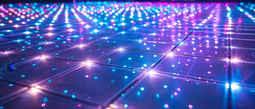 Illuminated colorful LED lights on a grid, creating a vibrant and futuristic atmosphere. Disco dance floor