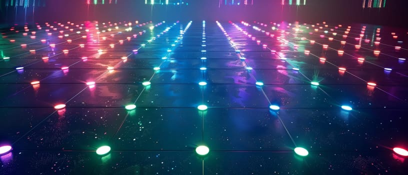 A colorful dance floor illuminated by bright spotlights and disco balls