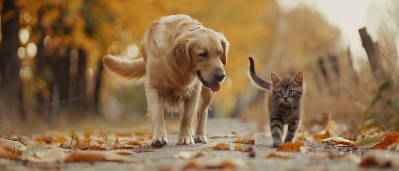 A dog, possibly a Golden Retriever or Labrador Retriever, and a gray kitten walk on a path covered in colorful autumn leaves