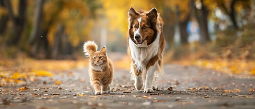 A serene autumn scene with a cat and a dog walking together on a path lined with golden leaves