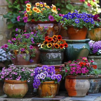 A vibrant display of colorful flowers in various pots, perfect for garden themes