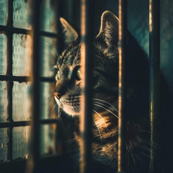 A cat behind bars in a shelter looks out onto the street, illuminated by sunlight and waits for its new owners