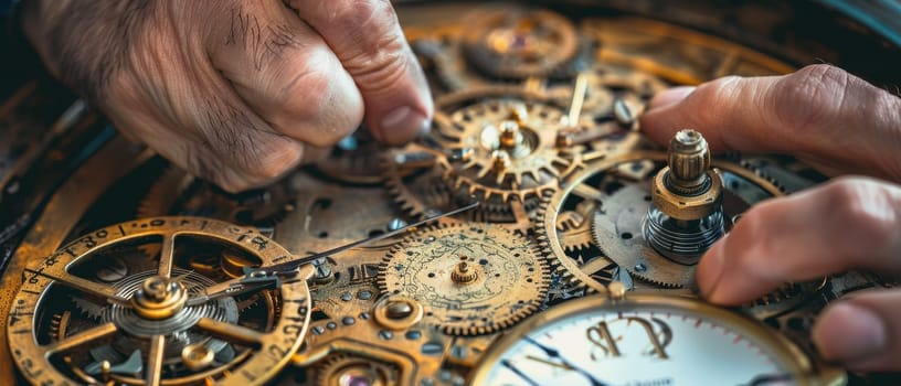 Close-up of hands meticulously assembling intricate gears and cogs of a mechanical device