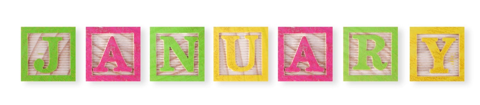 A January concept with childs wood blocks on white with clipping path to remove shadow
